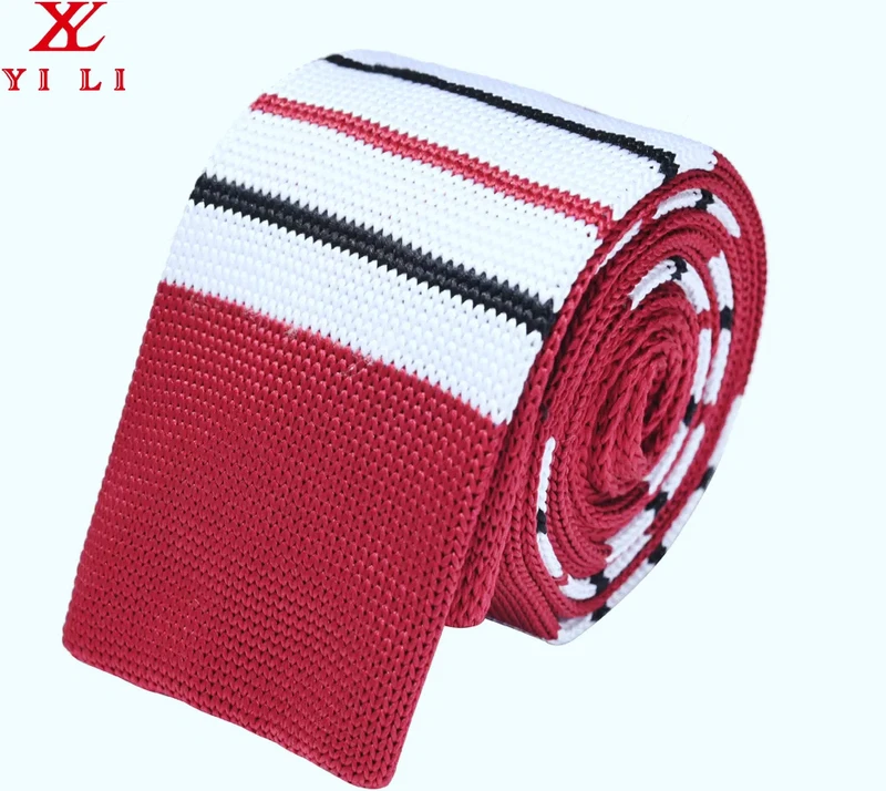 Manufacturers Supply Wine Red Striped Knitted Necktie Men&prime;s Fashion Skinny Tie