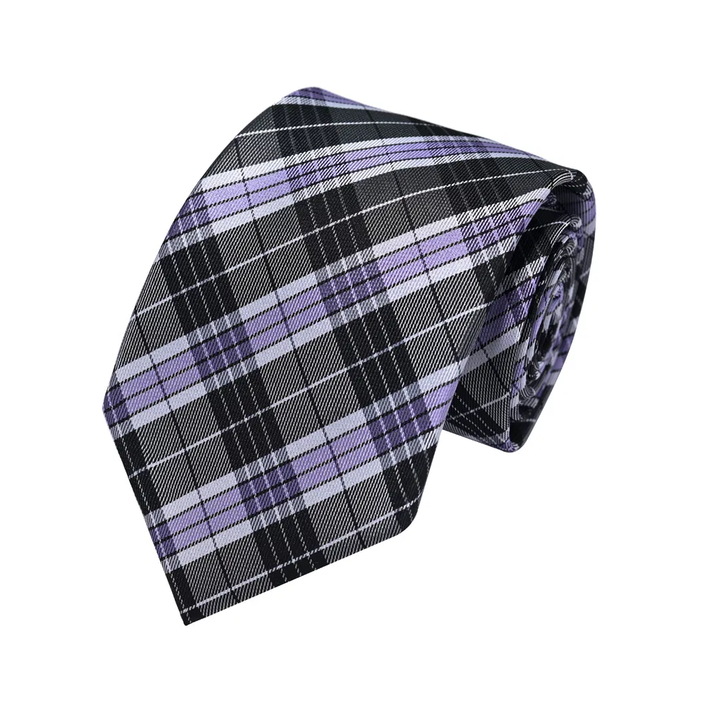 Men&prime;s Microfiber Designer Woven Black White Gingham Check Stripe Checkered Necktie