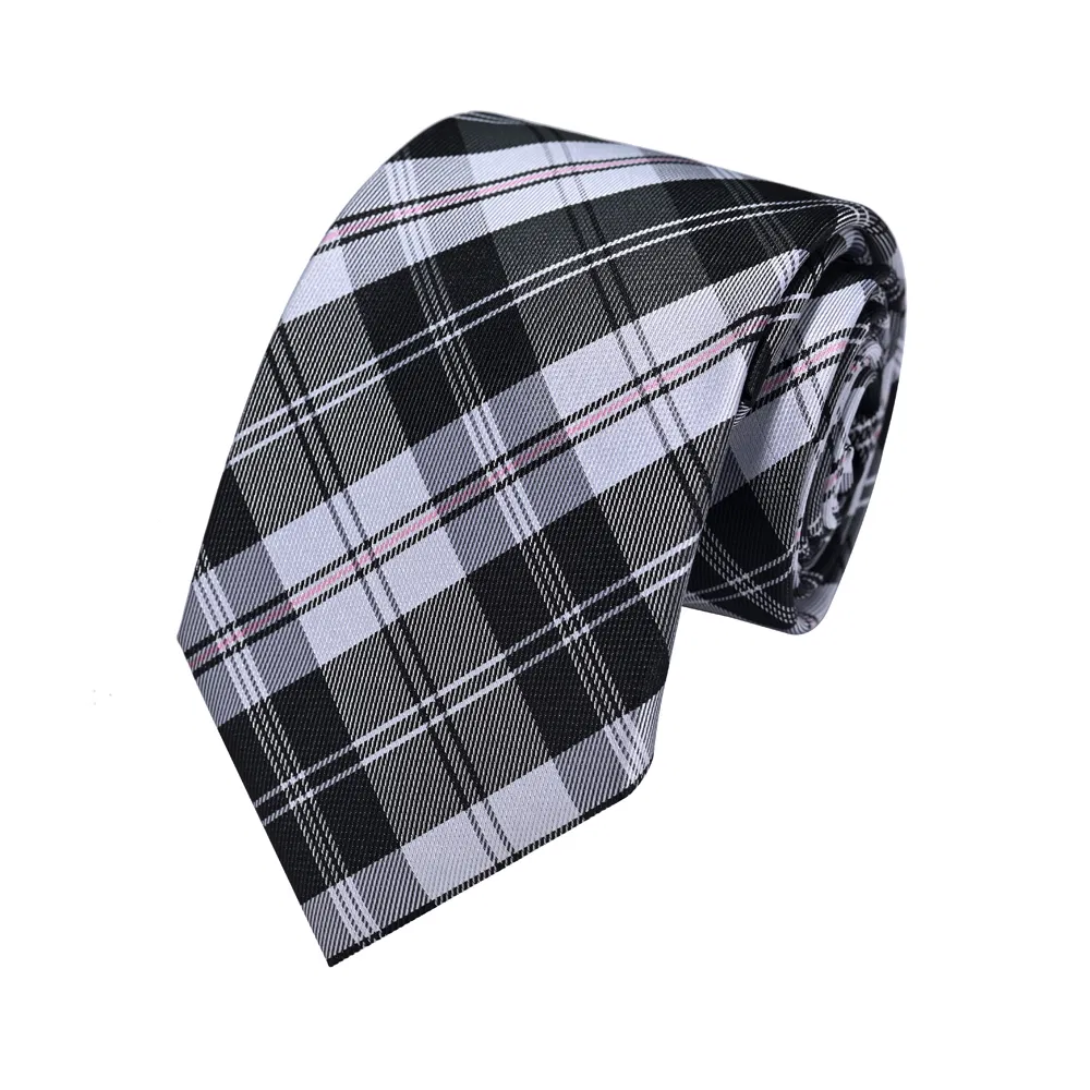 Men&prime;s Microfiber Designer Woven Black White Gingham Check Stripe Checkered Necktie